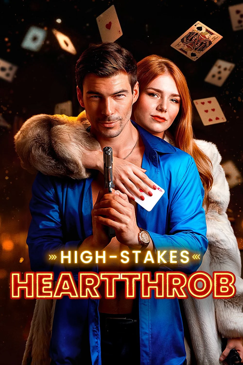 Professional key art poster for the vertical film "High-Stakes Heartthrob" featuring Nick Ritacco and Emma Reinagel.