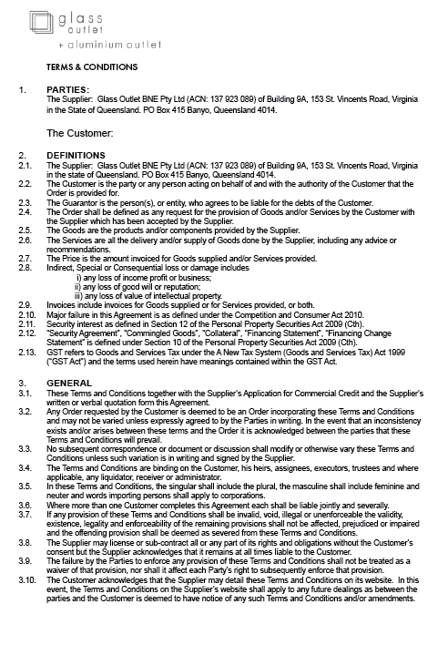 Trading Terms - Glass Outlet BNE Pty Ltd Click here to view