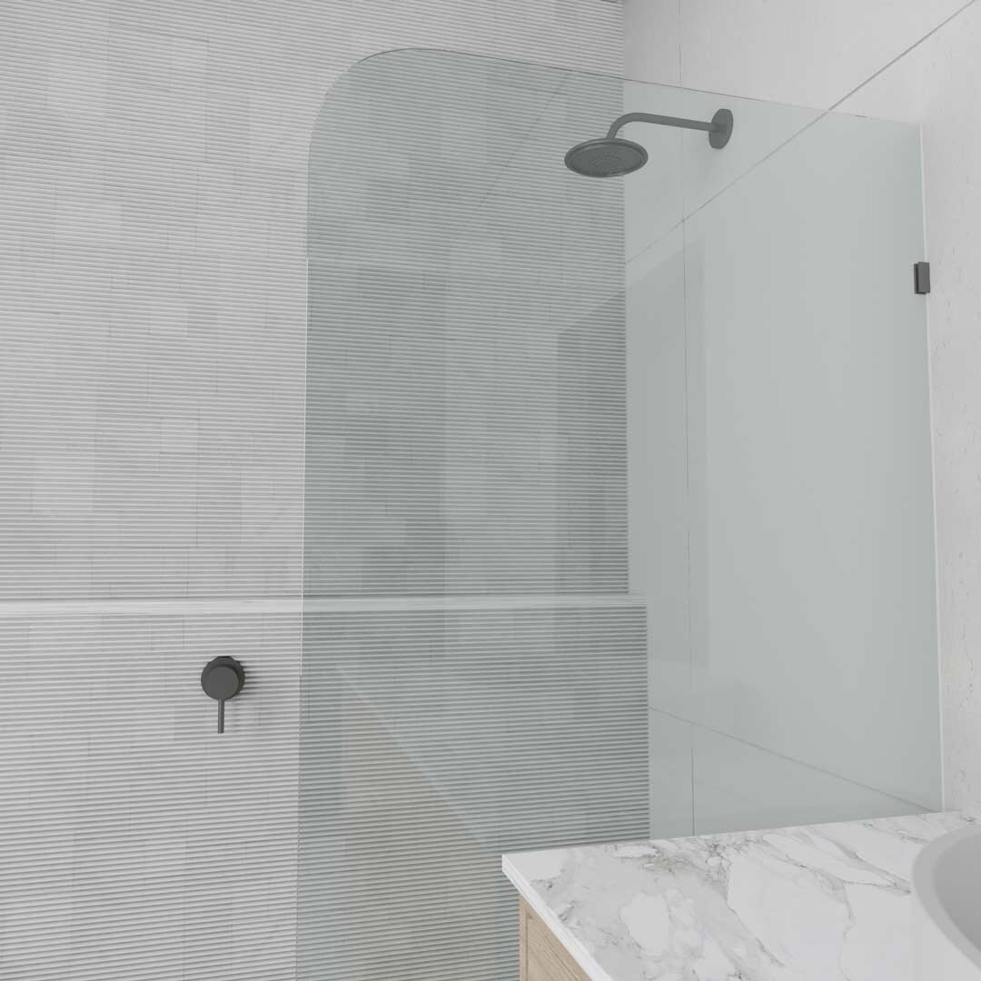 RADIUS ~ Opt for enhanced aesthetics on that next shower screen project with our in stock, 10mm thick toughened shower panel range featuring a meticulously crafted 200mm radius top corner. Choose between left and right-facing options and various widt