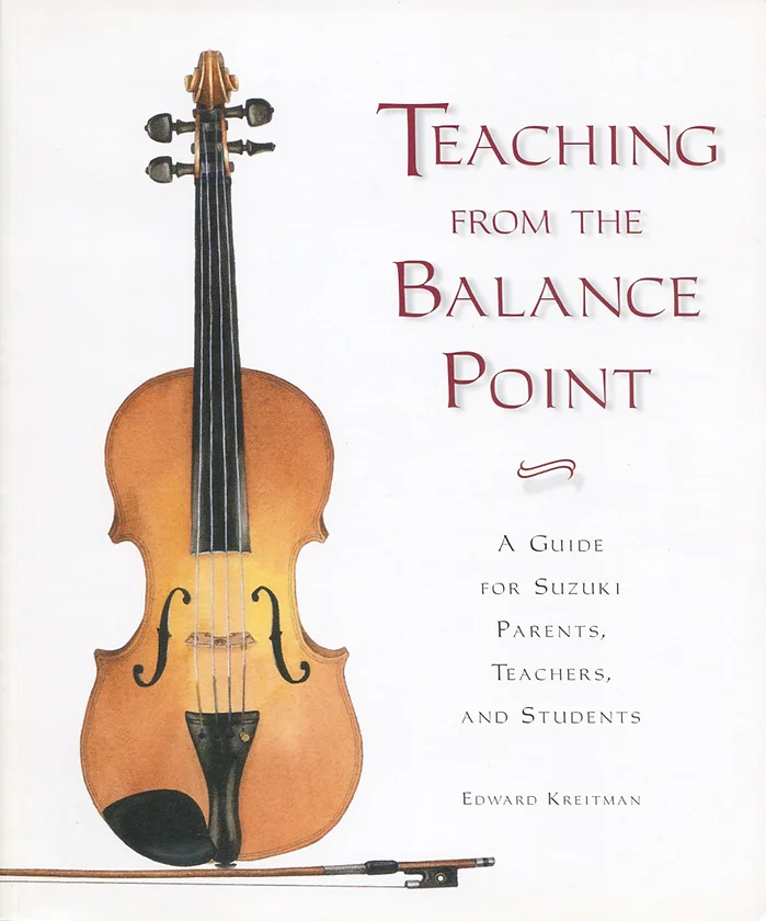A book cover titled "Teaching from the Balance Point" alongside an illustration showing a violin and bow.