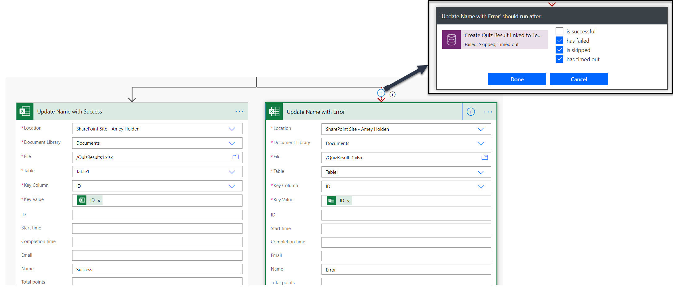 11. Update a Row in Excel a) Success &amp; b) Error