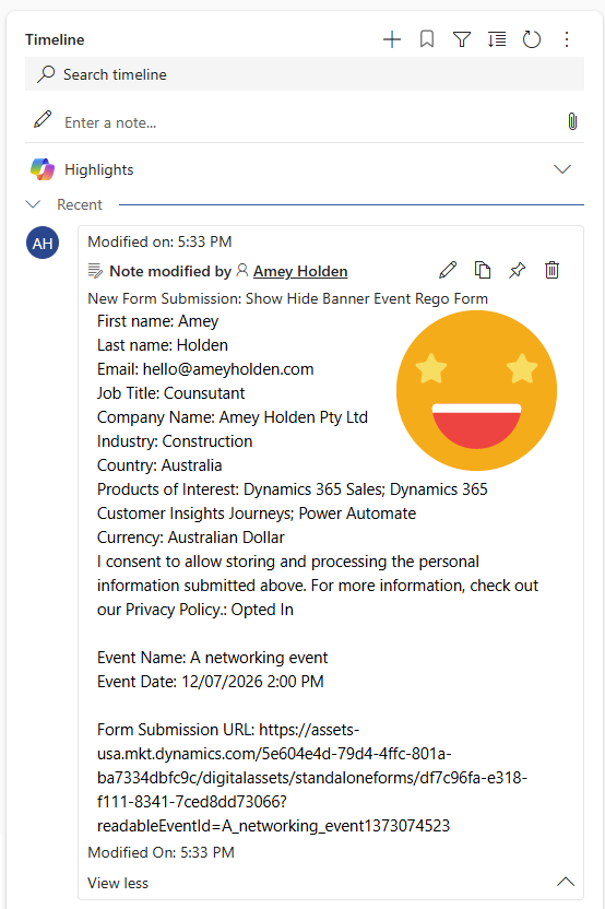 Customer Insights Journeys form submission timeline note