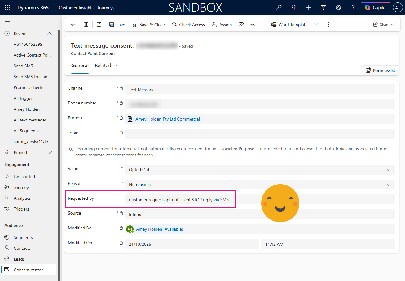 Sync Text Message Replies STOP and START with Contact Point Consent in Customer Insights - Journeys