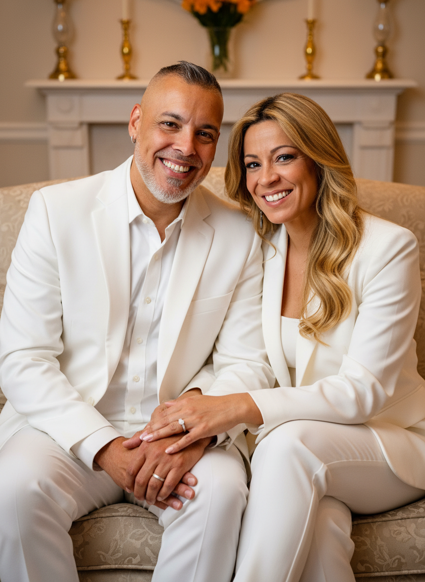 A woman in a blue dress and a man in a black suit smiling and holding hands in front of a white ornate background.