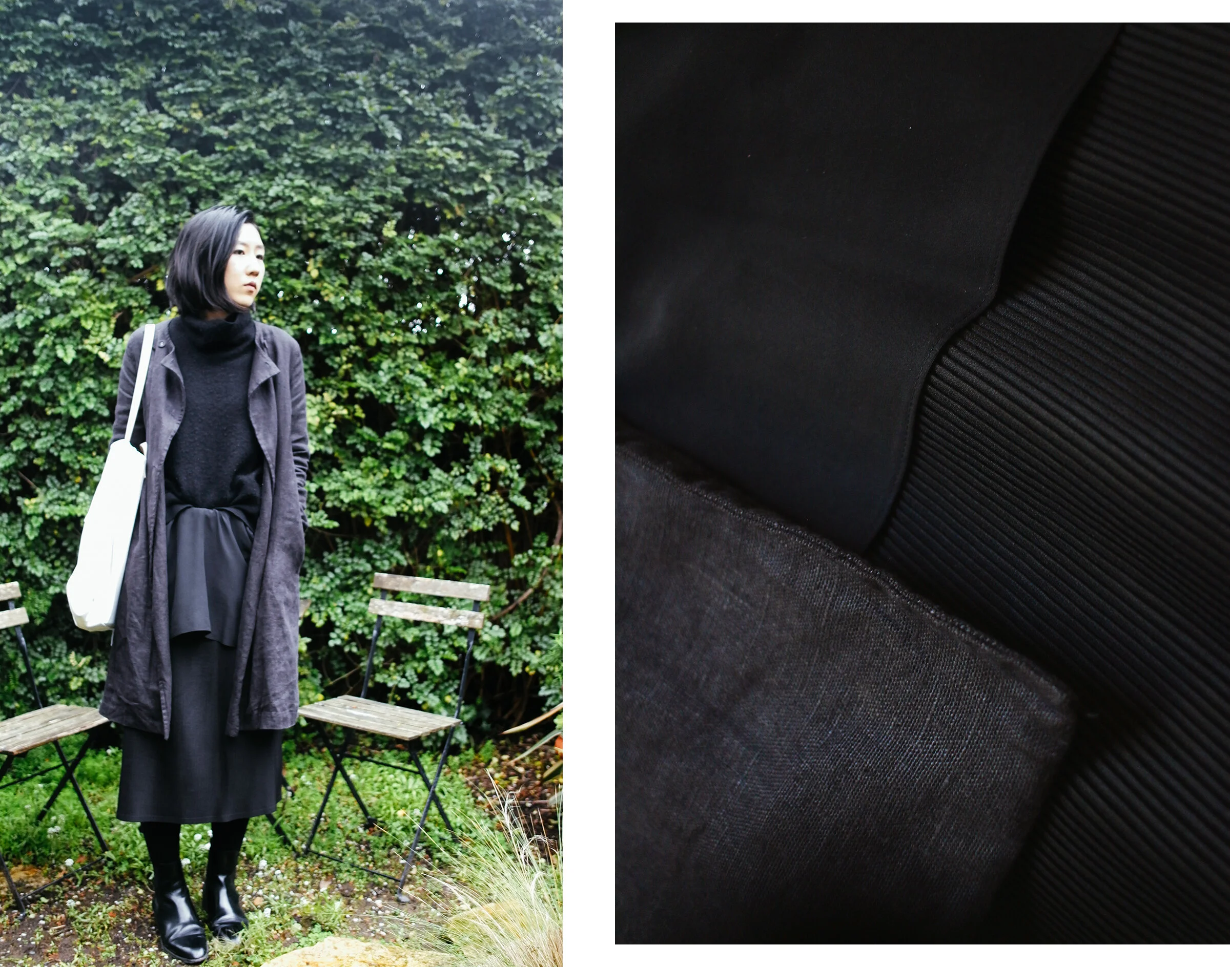  出镜的亚麻单品：外套 / 右：亚麻&amp;真丝&amp;百褶化纤 