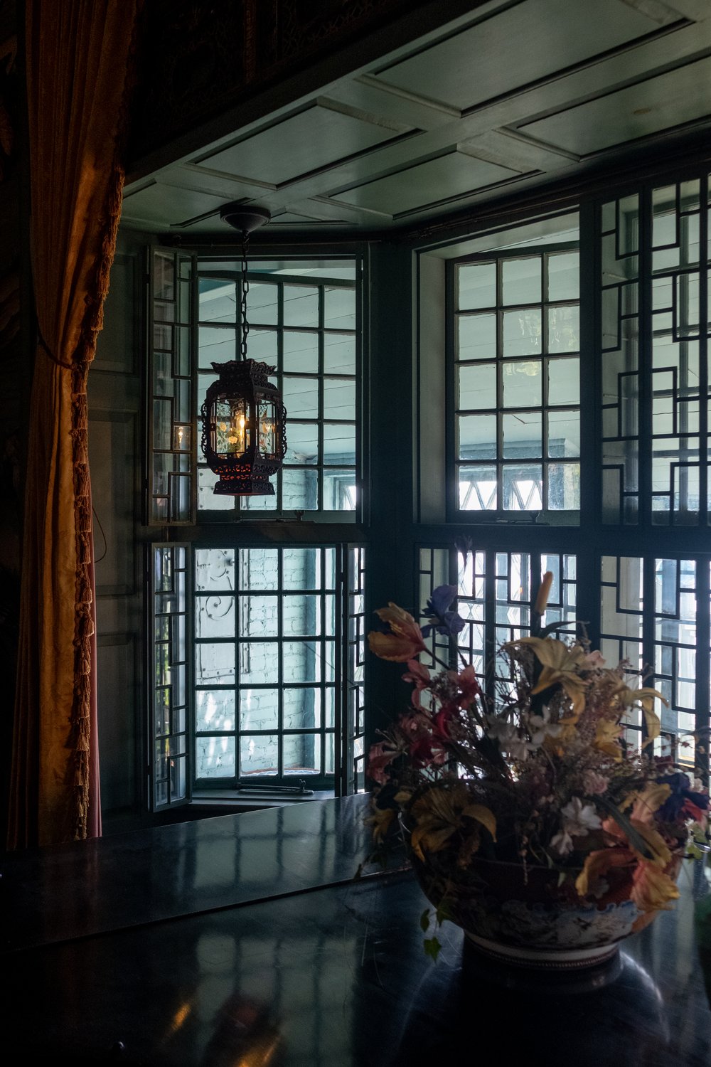 Lattice window panel and Chinese lantern