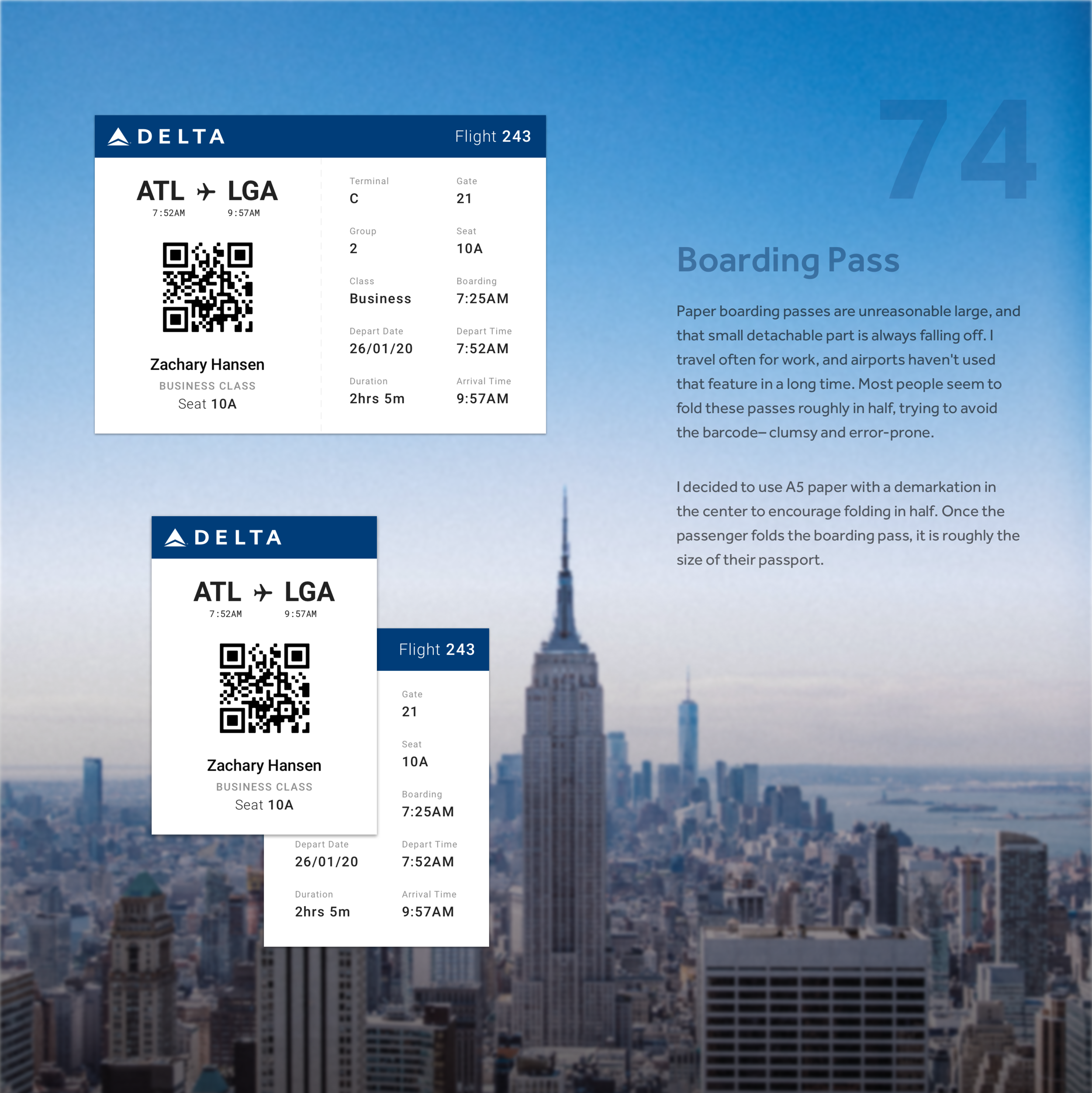 A paper boarding pass concept for day seventy-four.