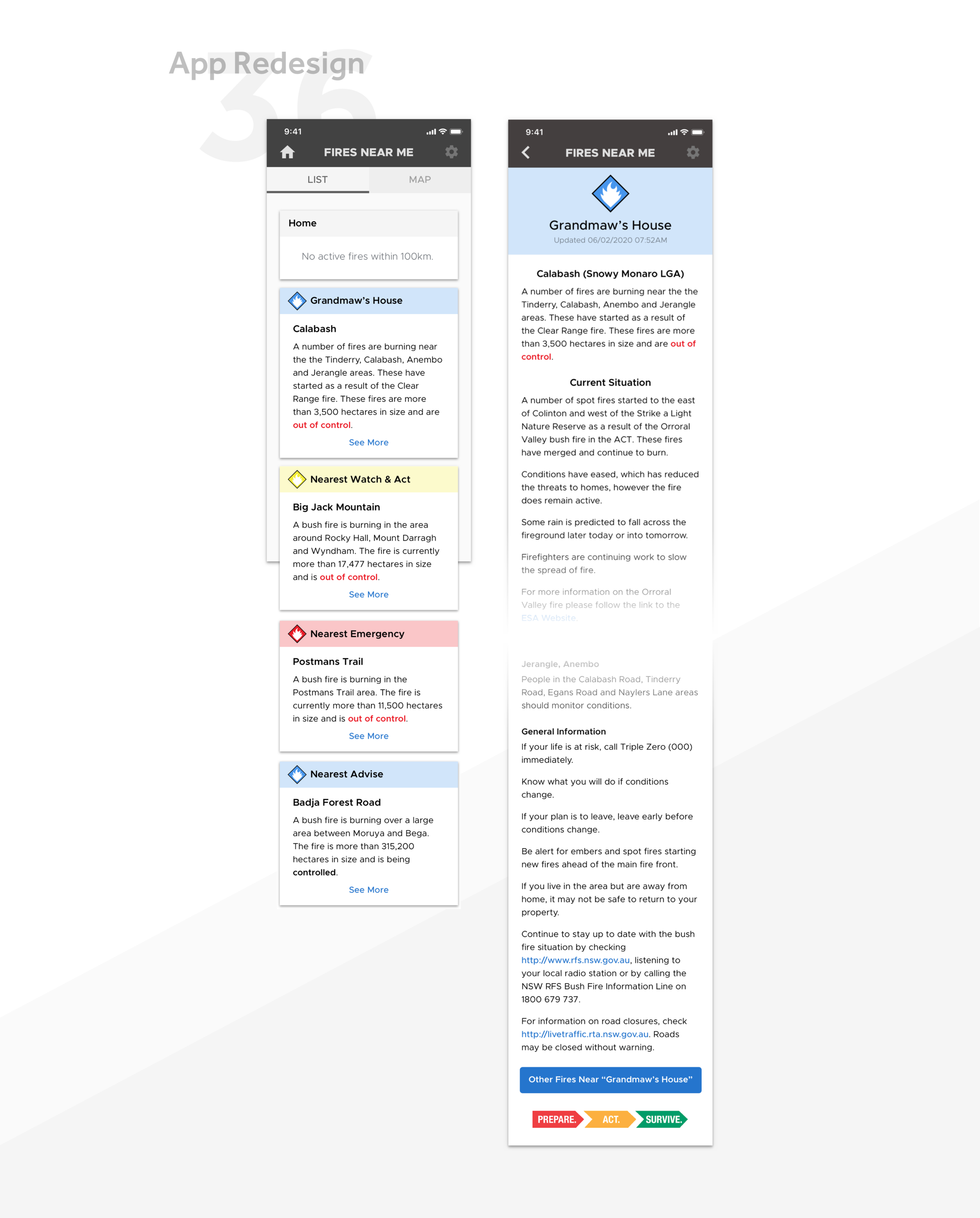 Visual redesign of the 'Fires Near Me' app for day thirty-six.