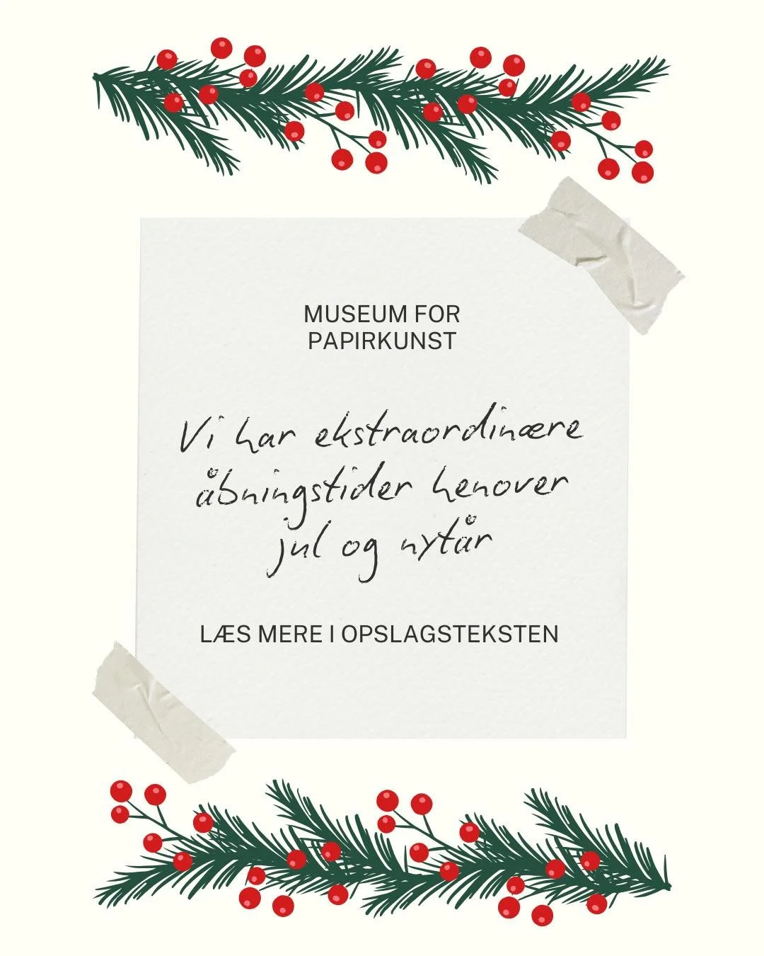 &Aring;BNINGSTIDER JUL &amp; NYT&Aring;R❤️

Museum for Papirkunst har s&aelig;rlige &aring;bningstider henover jul og nyt&aring;r.
D. 23.-26., d. 31. december og 1. januar: LUKKET
Mandag d. 29. december: &Aring;BEN kl. 10-16🫶🏼

De resterende dage h