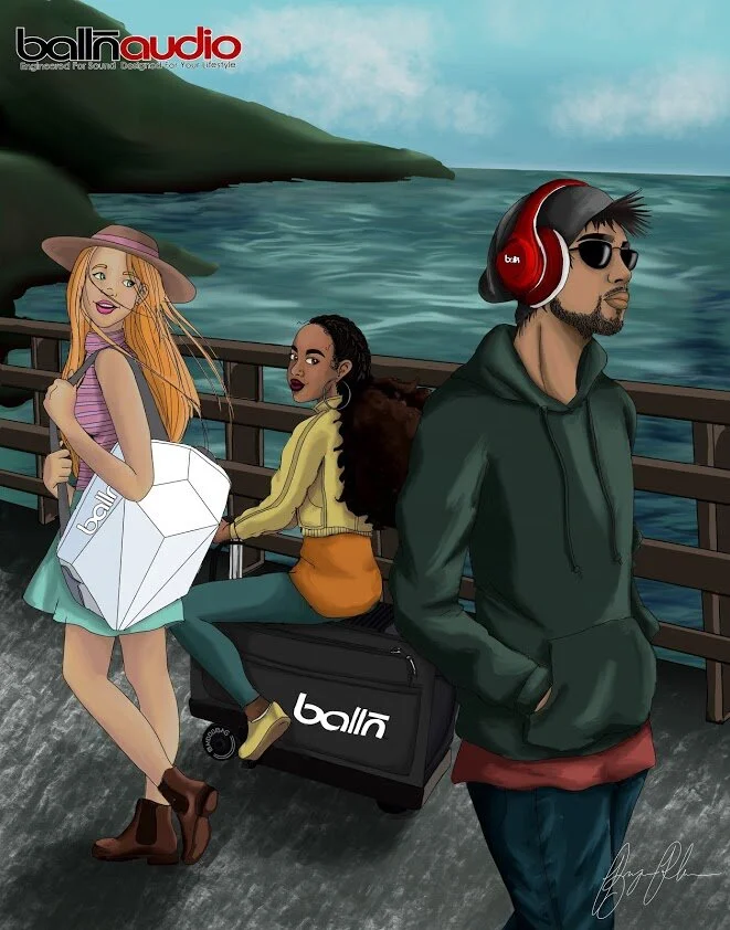 Balln Audio Merch - A product advertisement portrait scene done using the procreate app on the iPad Pro