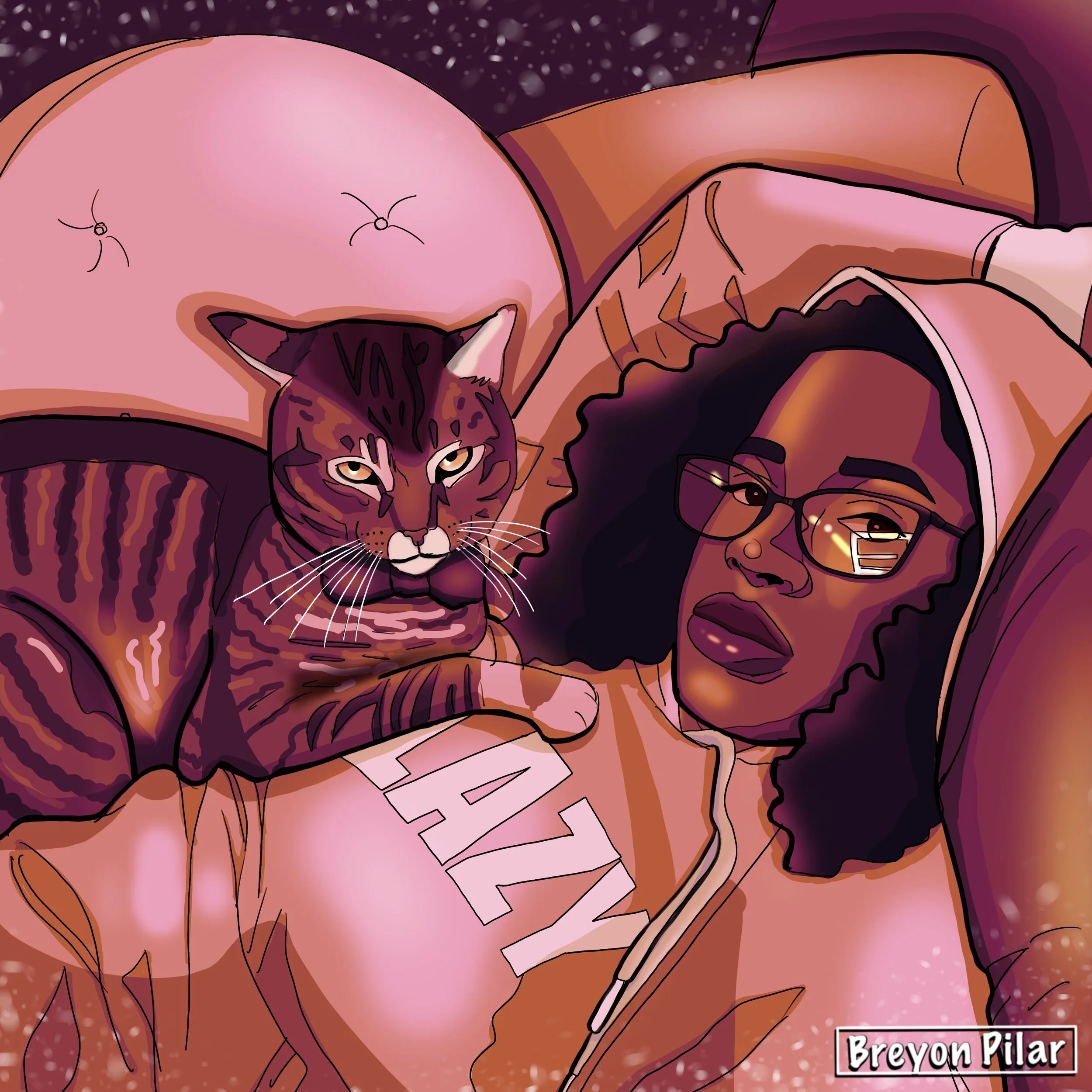 Lazy - A self portrait depicting my cat and I done utilizing the procreate app on the iPad Pro