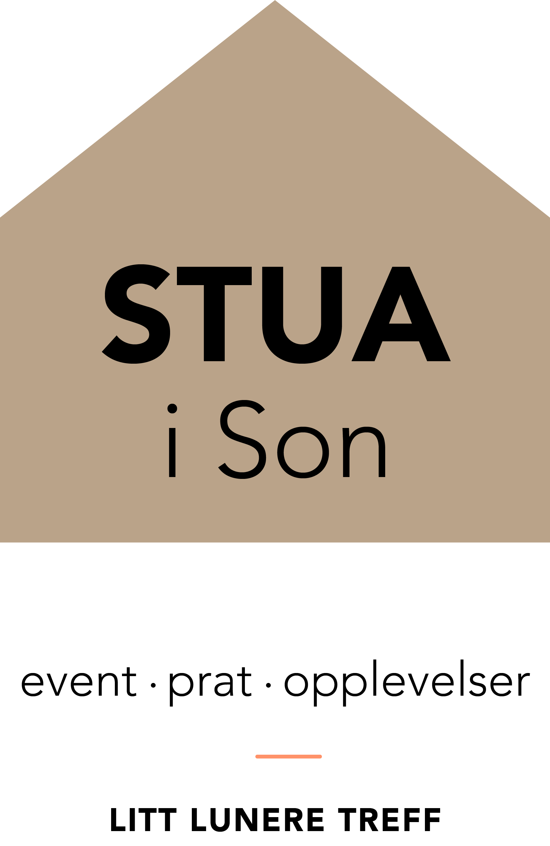 Illustrasjon av et stilisert hus i beige med teksten «STUA i Son».