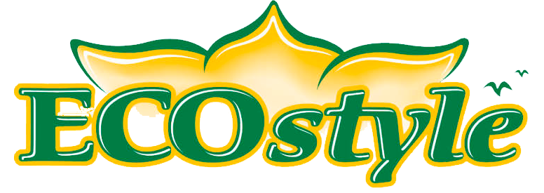 Logo van ECOstyle met een groene en gele bloemenachtigen achtergrond.