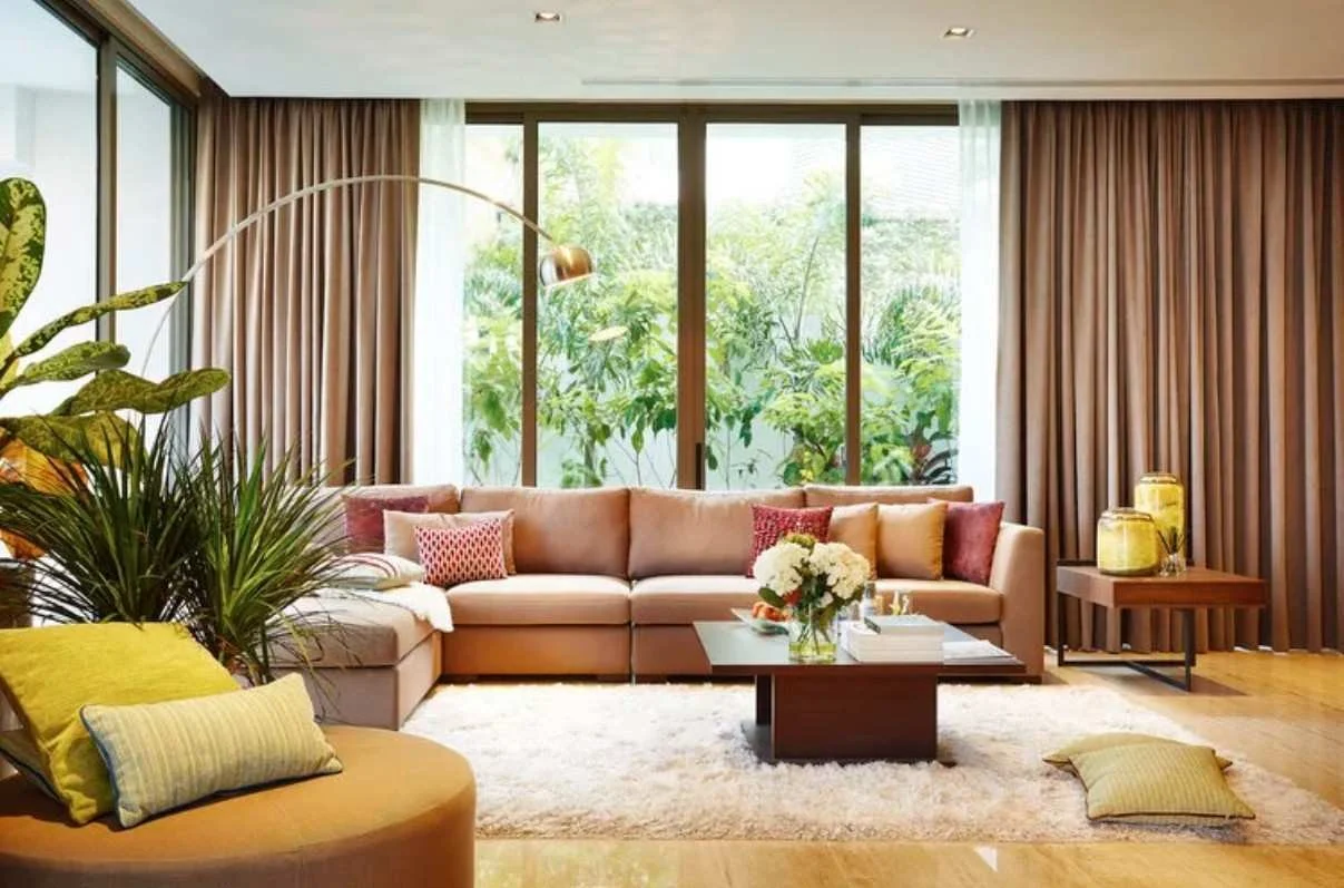 A beige sofa with fur carpet and lush plants