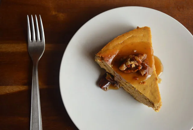 Pumpkin Cheesecake with Pecan Praline Sauce