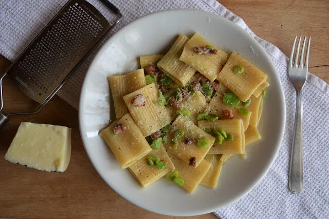 Pasta con fave, pecorino, e guanciale