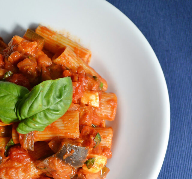 Rigatoni with Eggplant, Tomatoes, and Mozzarella