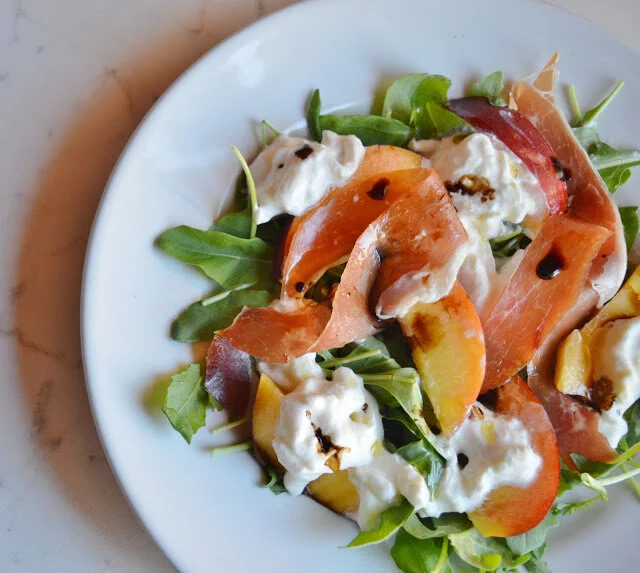 Nectarine, Burrata, Prosciutto, and Arugula Salad