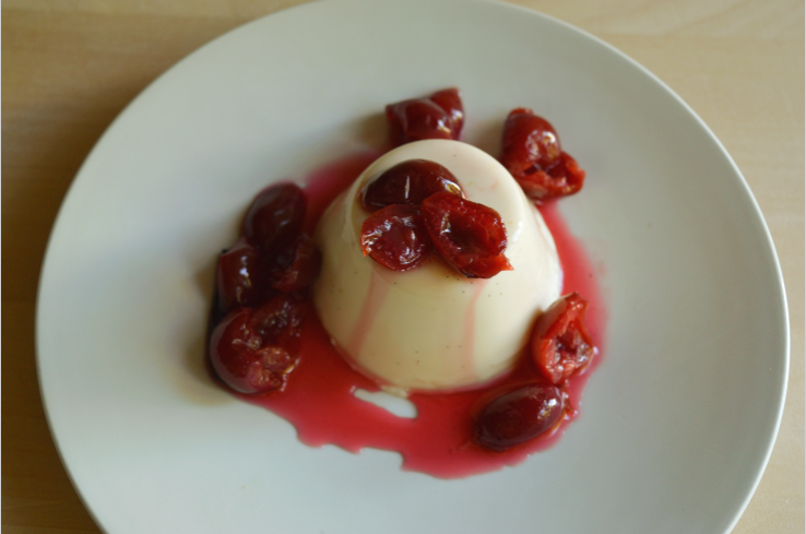 Almond Panna cotta with rosé cherries 