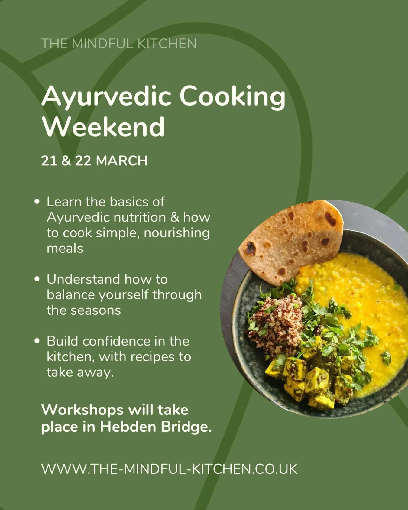 I&rsquo;m happy to share that a couple of places have become&nbsp;available for my next Ayurveda Cooking Weekend in Hebden Bridge 👩🏻&zwj;🍳
.
Over two wholesome, hands-on days, we&rsquo;ll explore the foundations of Ayurvedic nutrition &amp; cookin