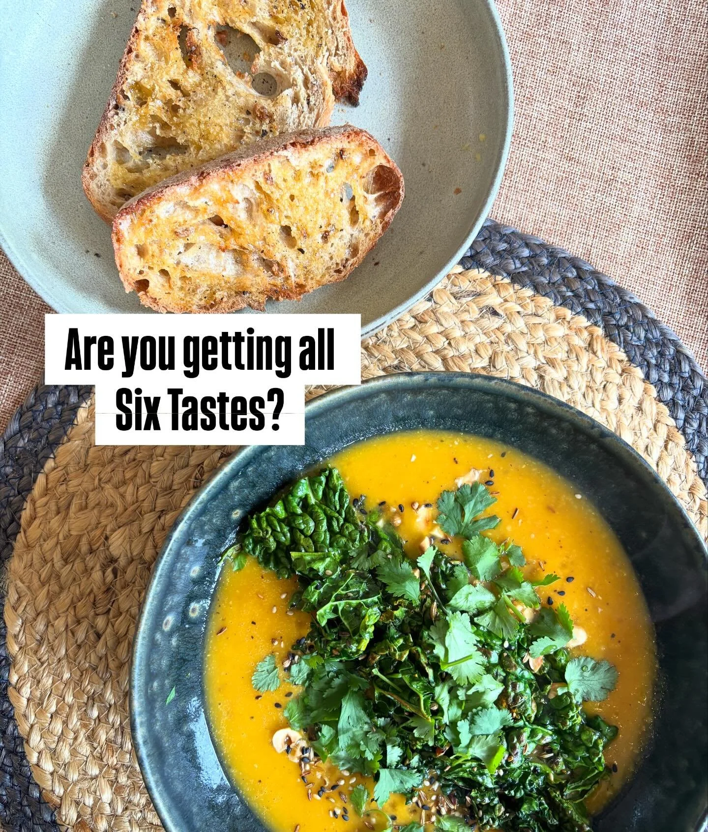 Are you getting all Six Tastes in your diet? Sweet, salty, sour, pungent, bitter &amp; astringent. By including all the Tastes in meals we reduce cravings and make sure that all of our nutritional needs are met.
.
My lunch, for example:
Sweet - butte