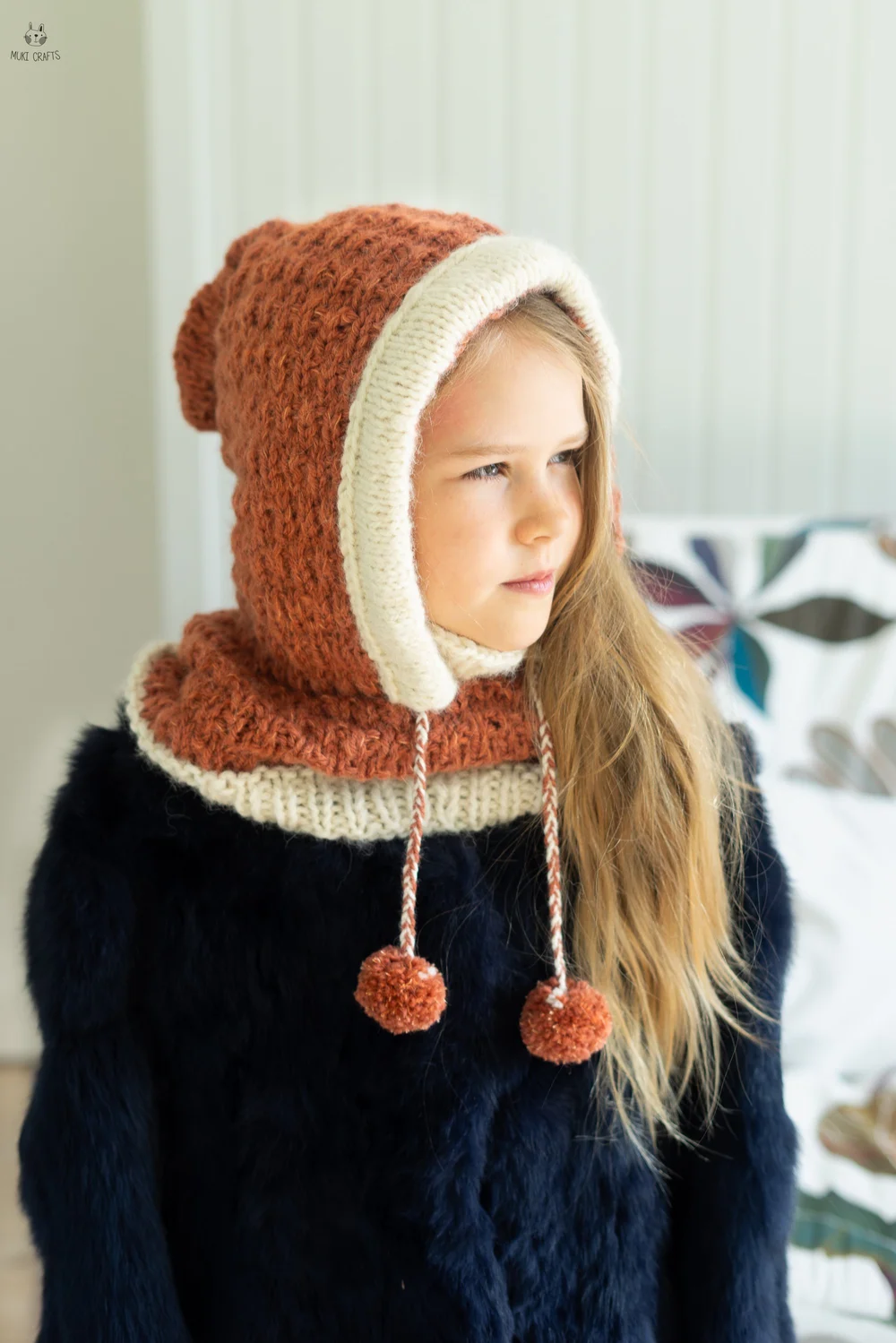 Hooded cowl knitting pattern Jordan — Muki Crafts, image size:1000x1499