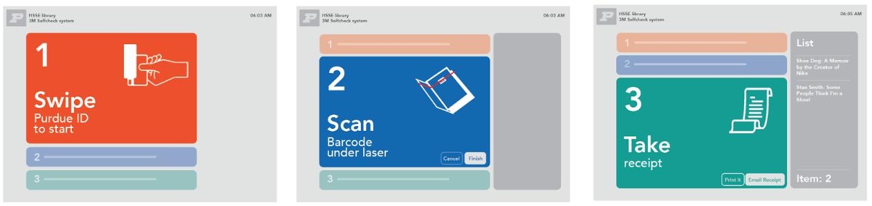While users going through each step, the lack of instructions on book registration arouse confusion as well as around final checkout. Color coding was used for each step on digital interface as well as each key locations on kiosk for users to draw c…