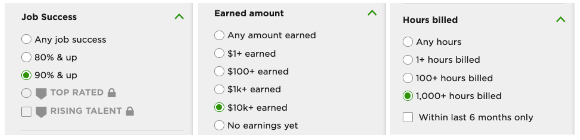 Three main criteria (filters) provided by UpWork