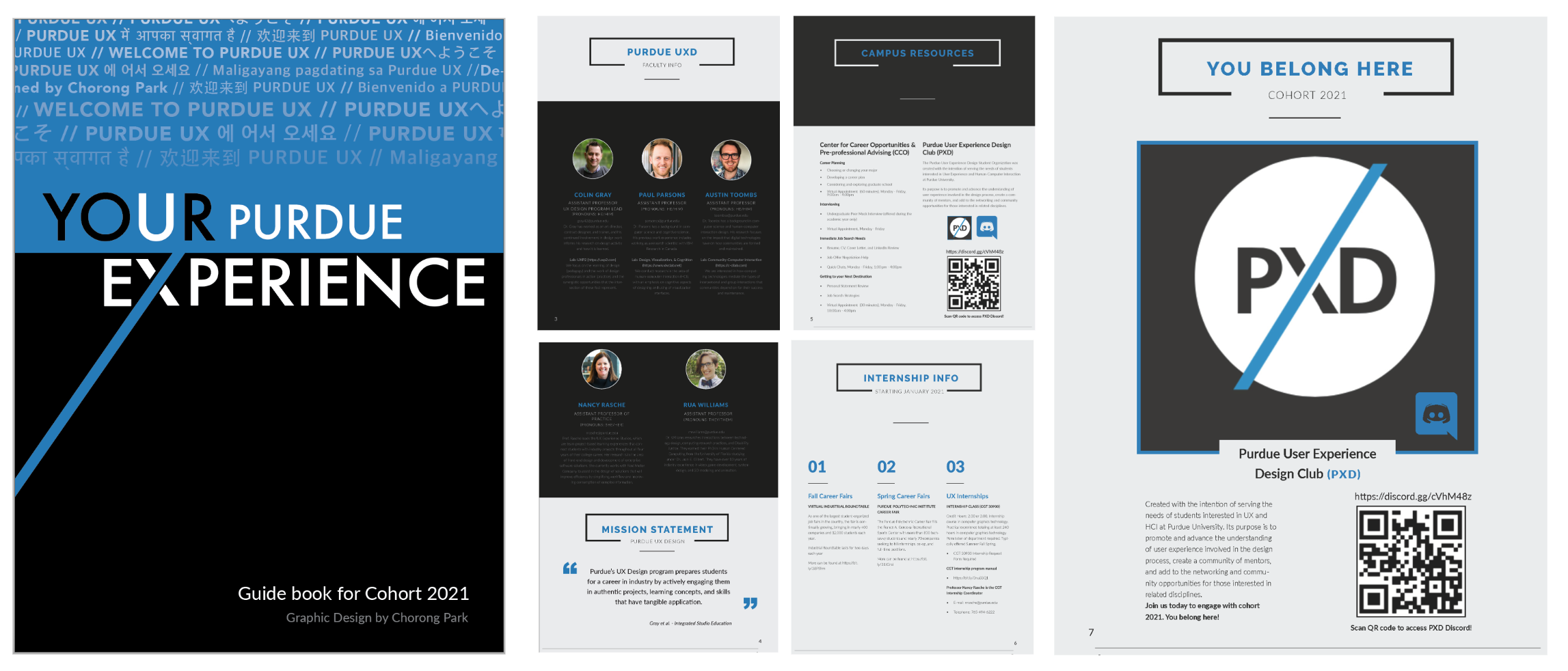 Guidebook includes front cover, faculty info, campus resources, internship info, and Purdue UX design club pages Graphic Design by Chorong ParkLink to the full guidebook