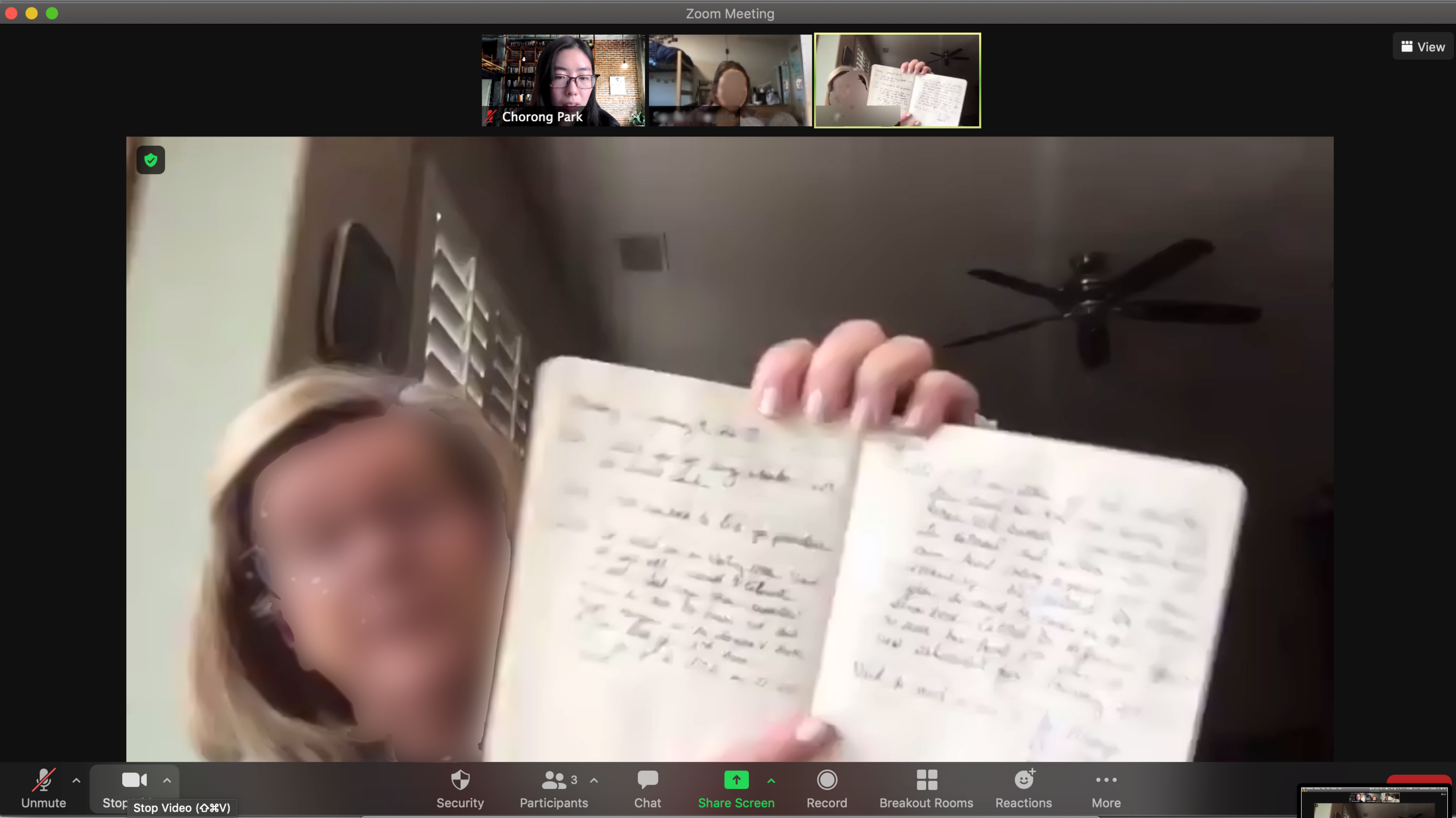 Participant showing medical journal for her care recipients (her mother, and husband)