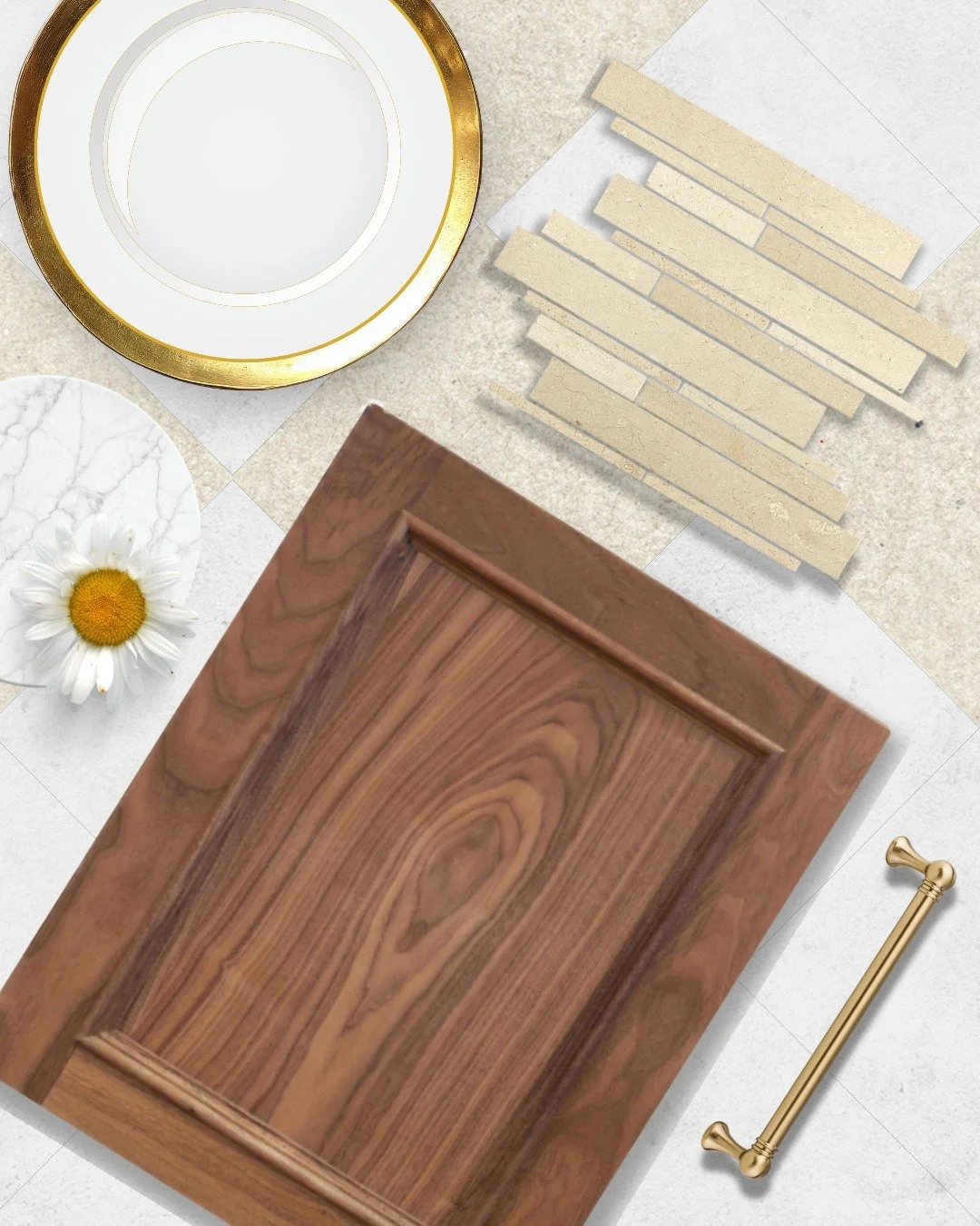 “Golden Sands”
This modern mood board, Golden Sands, blends luxurious gold tones with natural materials reminiscent of sun-warmed sand. Featuring the Rainer door style from @TeddWoodFineCabinetry, elegant tile selections from @Daltile, a