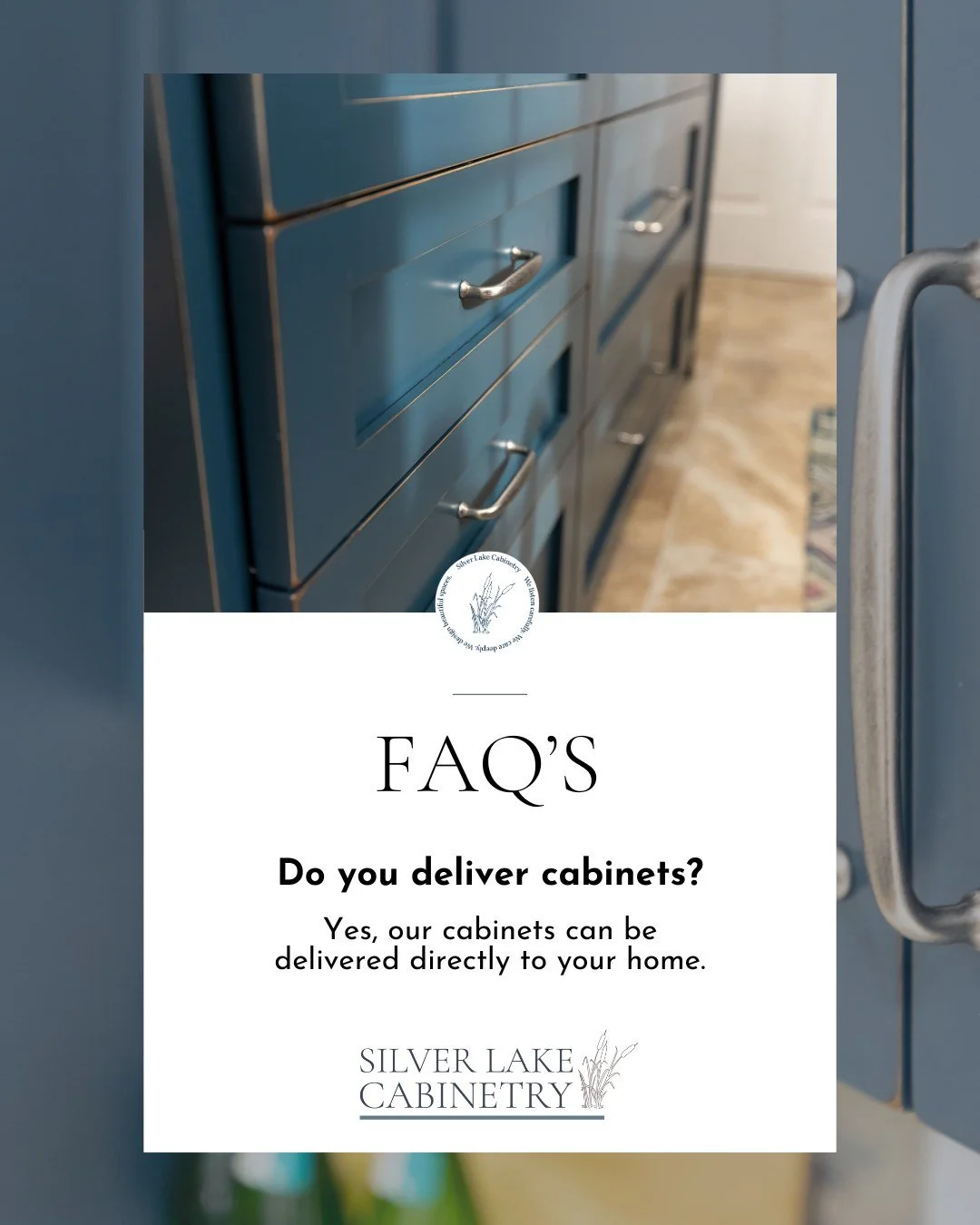 We offer a couple of convenient options for receiving your cabinetry. One option is to have it delivered directly to our showroom, where our team will inspect it for quality and accuracy before you pick it up from us.