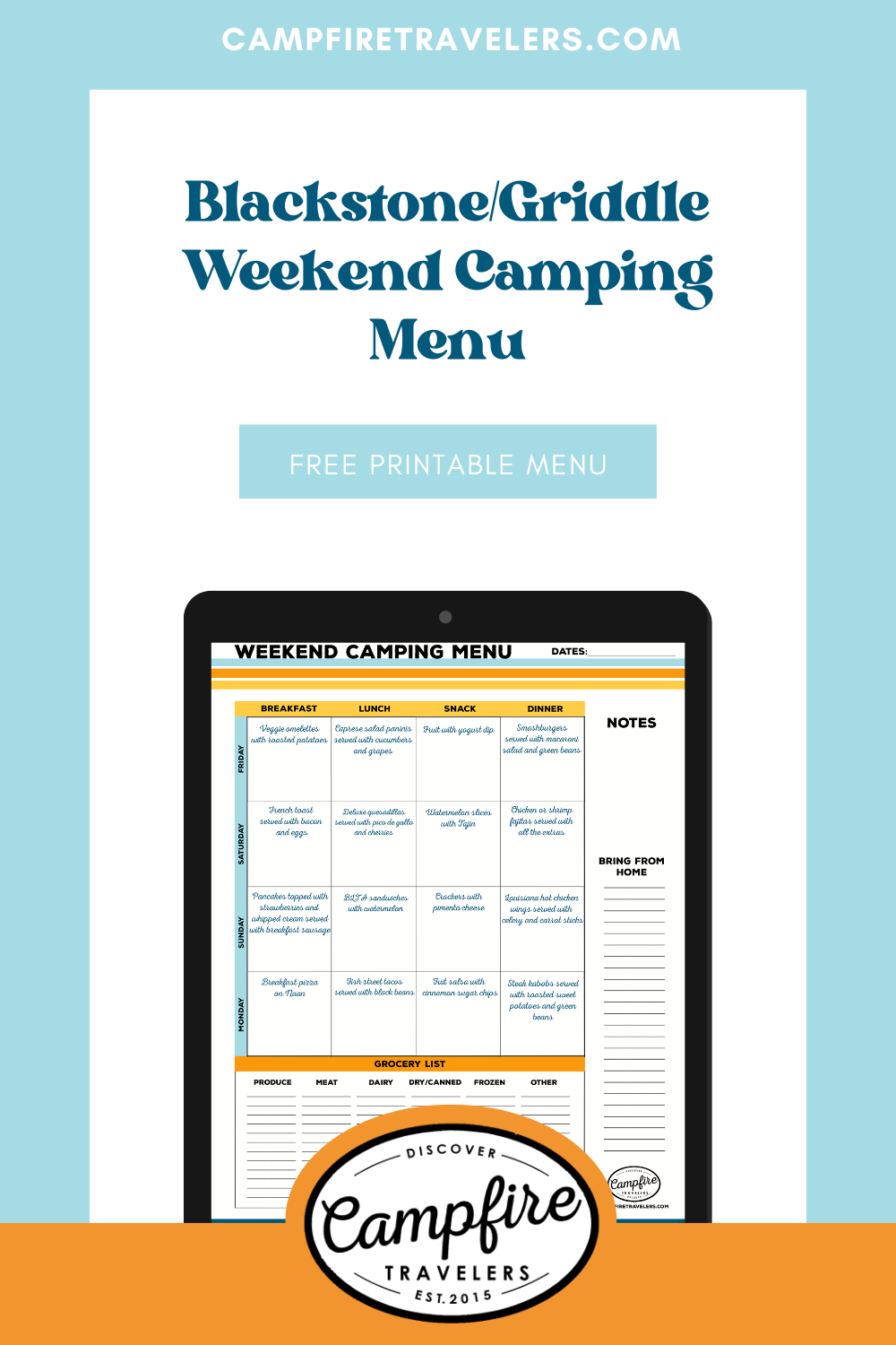 Blackstone Camping Meal Ideas Weekend RVing menu for griddles