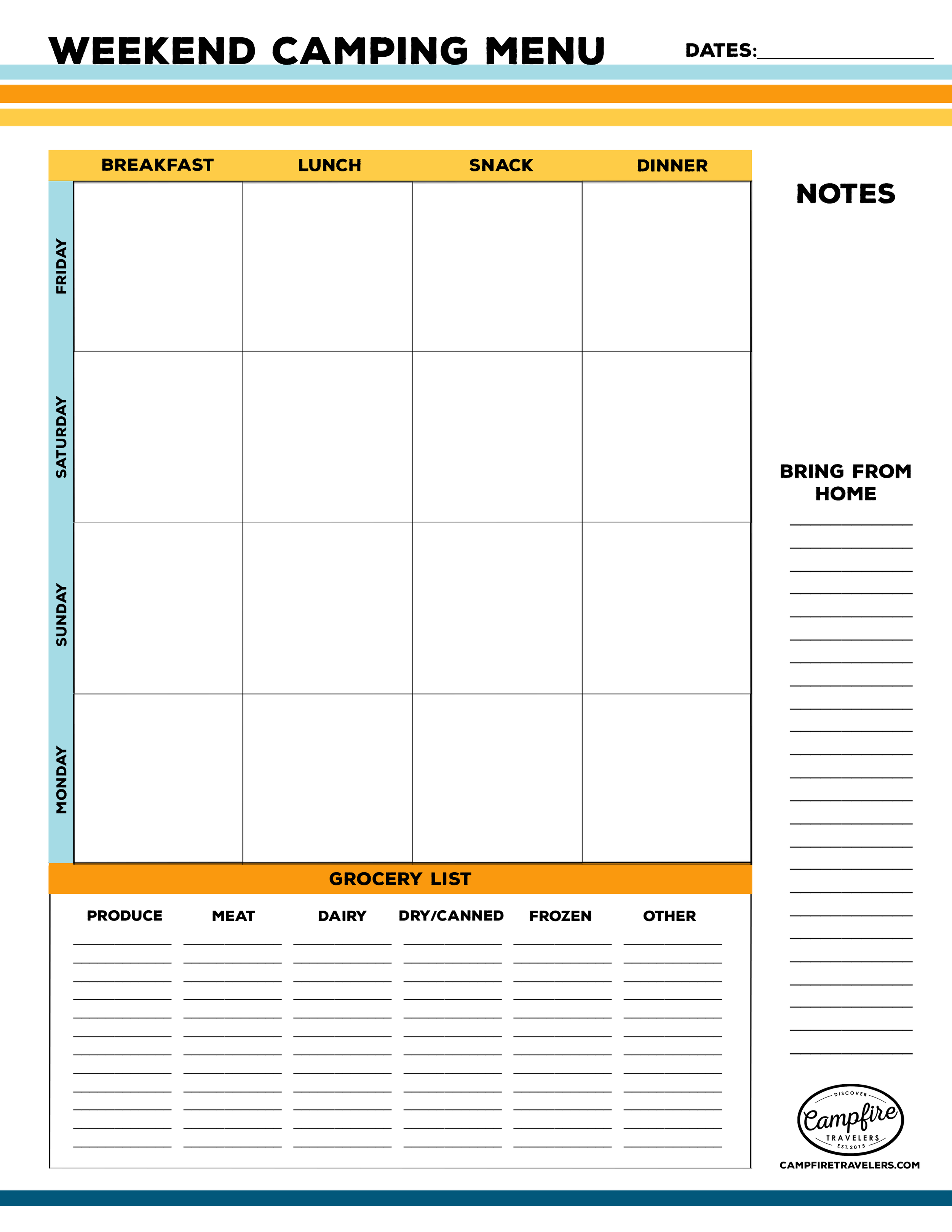 Free Printable Camping Menu — Campfire Travelers - Camping and Regarding Camping Menu Planner Template