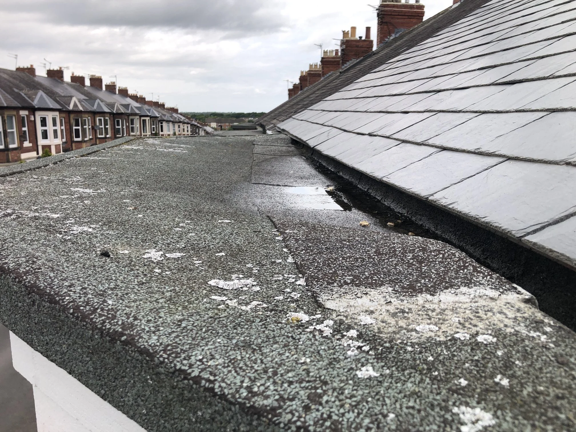 Bay window flat roof replacement on upper-floor Tyneside flat, South Gosforth — EPDM rubber with lead-lined stone cornice gutter