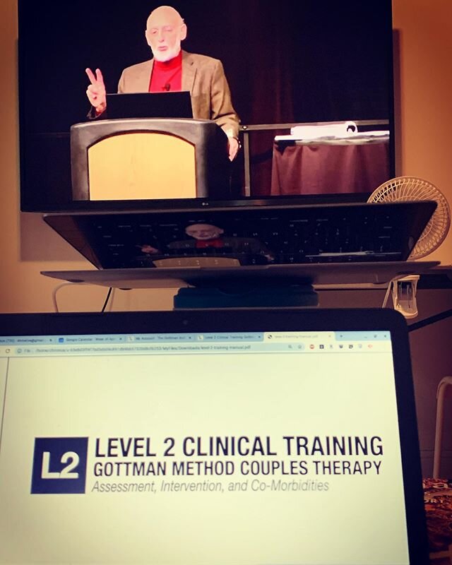 Can&rsquo;t do a training in person, so it&rsquo;s on to the Level 2 @gottmaninstitute training for couples work...from home! Do you think three screens is enough? #mentalhealth #couples #coronavirus #training