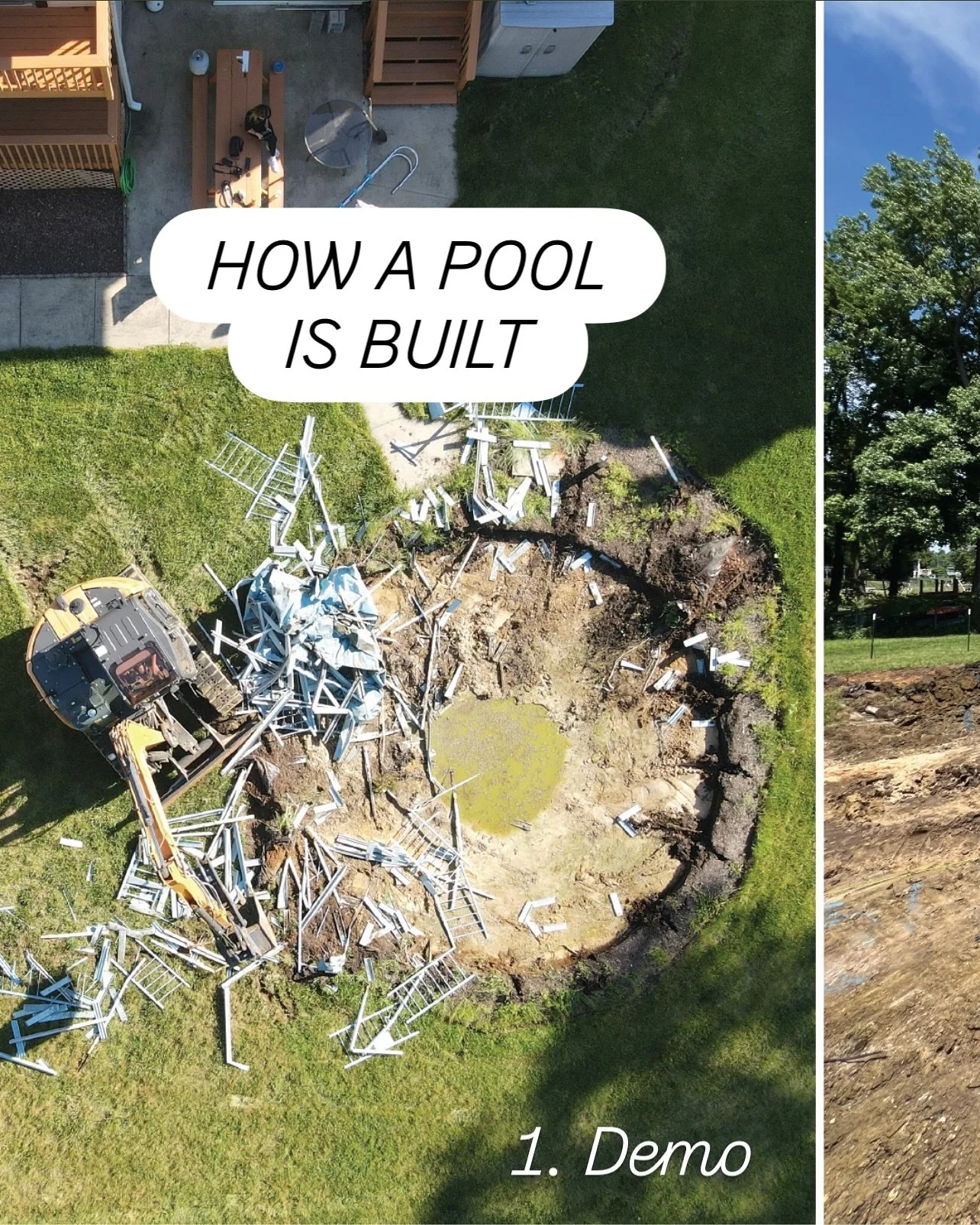 Ever wondered how a pool actually gets built? 👀💧

Swipe through to see the entire process &mdash; from demo day to your first dive!

We handle every step:
&bull; Demo &amp; Dig
&bull; Form, Rebar, Plumbing
&bull; Shotcrete Shell
&bull; Tile, Coping