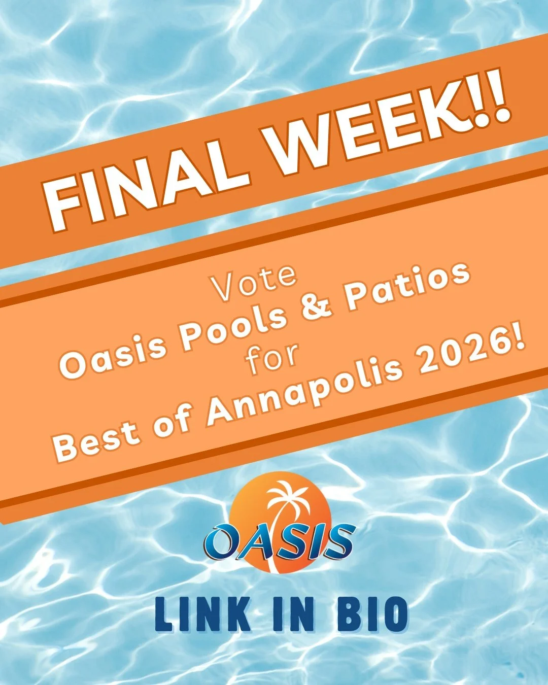 This is your LAST WEEK to vote Oasis for Best of Annapolis 2026 by February 28! See the voting guide pinned to our page for step-by-step instructions.

Vote for &ldquo;Oasis Pools &amp; Patios&rdquo; in the following categories:
- Hardscape Design / 