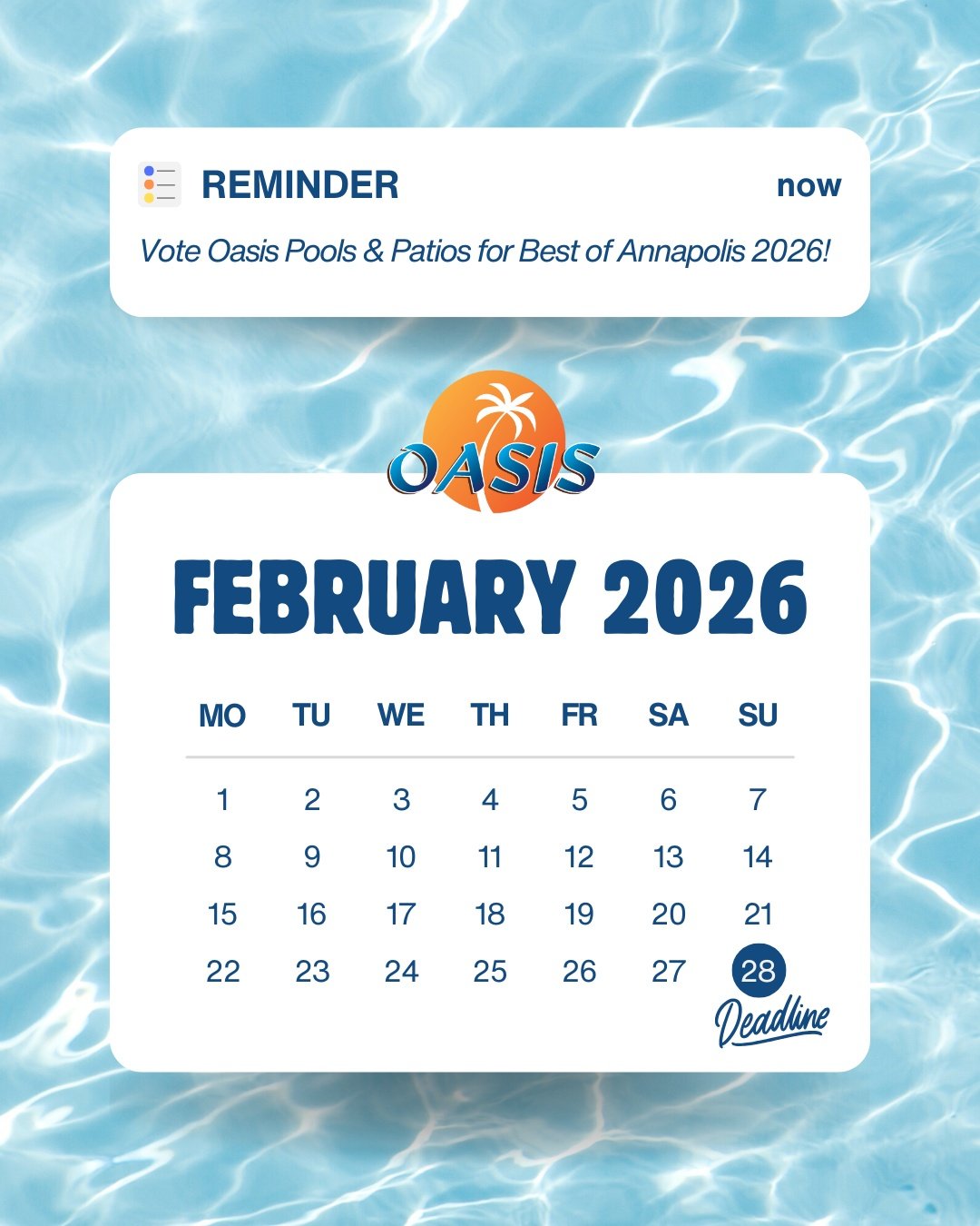 There are less than 2 weeks left to vote Oasis for Best of Annapolis by February 28! Click the link on our website (in bio!) to vote now and see the voting guide pinned to our page for step-by-step instructions.

Vote for &ldquo;Oasis Pools &amp; Pat
