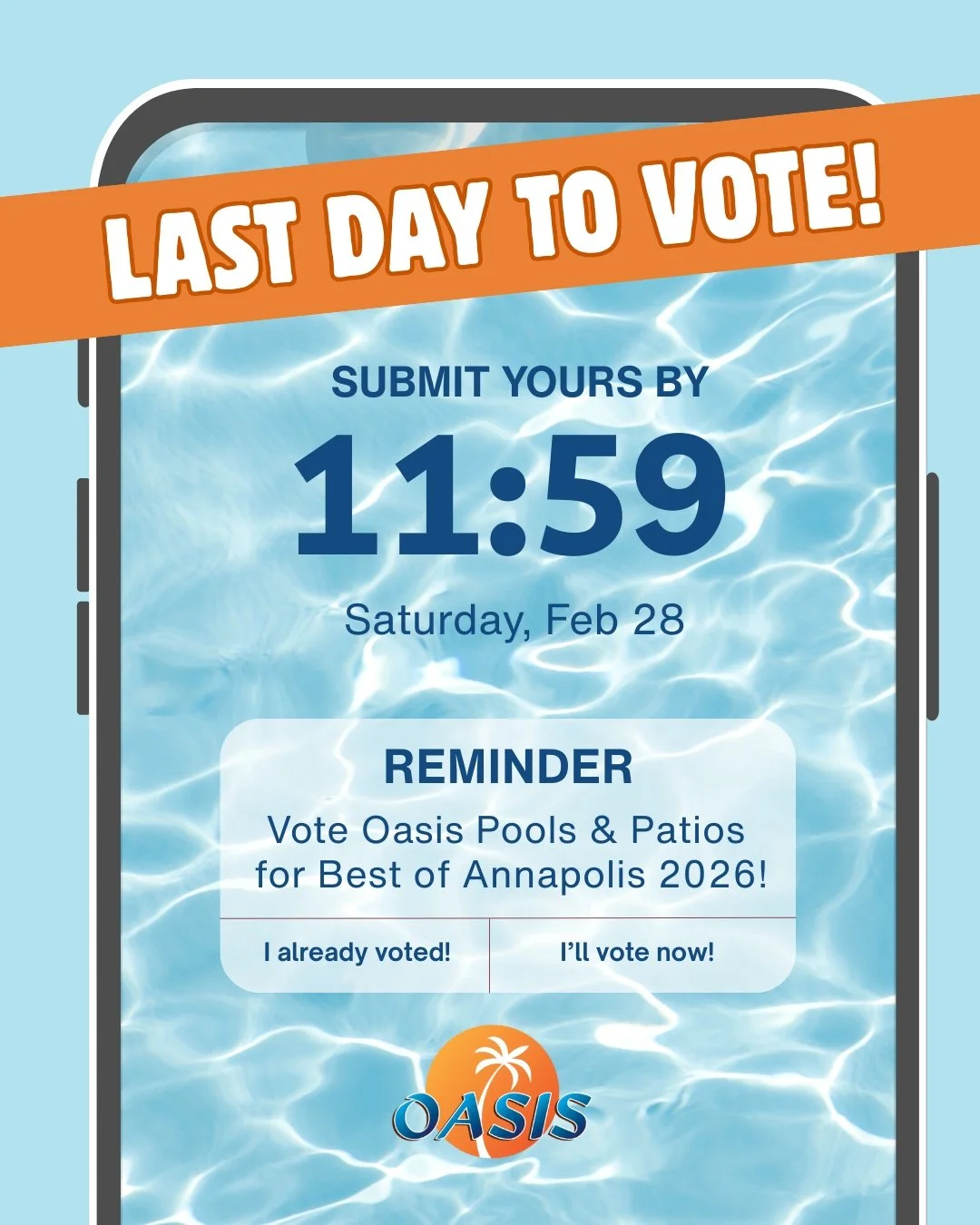 This is your LAST DAY to vote Oasis for Best of Annapolis 2026 by February 28! See the voting guide pinned to our page for step-by-step instructions. The link to vote is on our website, which is linked in our bio!

Vote for &ldquo;Oasis Pools &amp; P