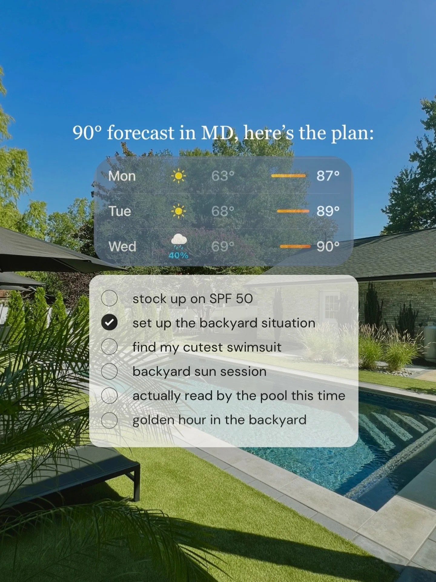 90&deg; forecast in MD = my backyard era starts now ☀️🏊&zwj;♀️