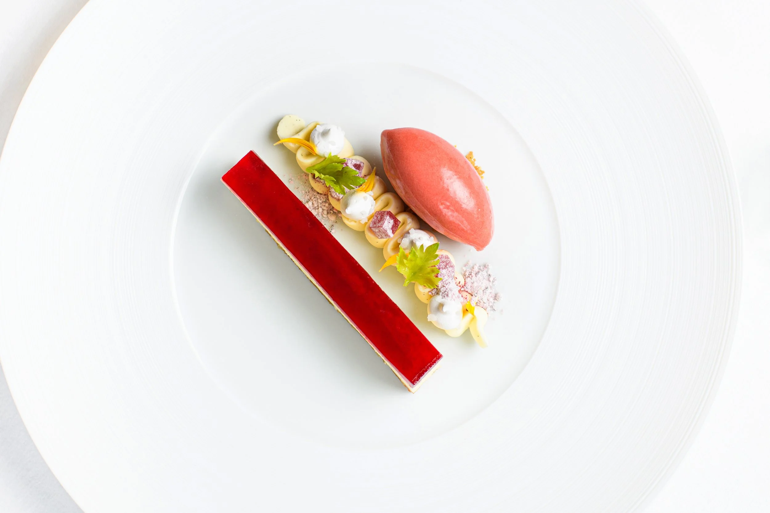 Elegant dessert consisting of a rectangular red and white layered cake, with decorative white cream, small green leaves, and yellow accents, topped with a pink mousse and other colorful garnishes, presented on a white plate.