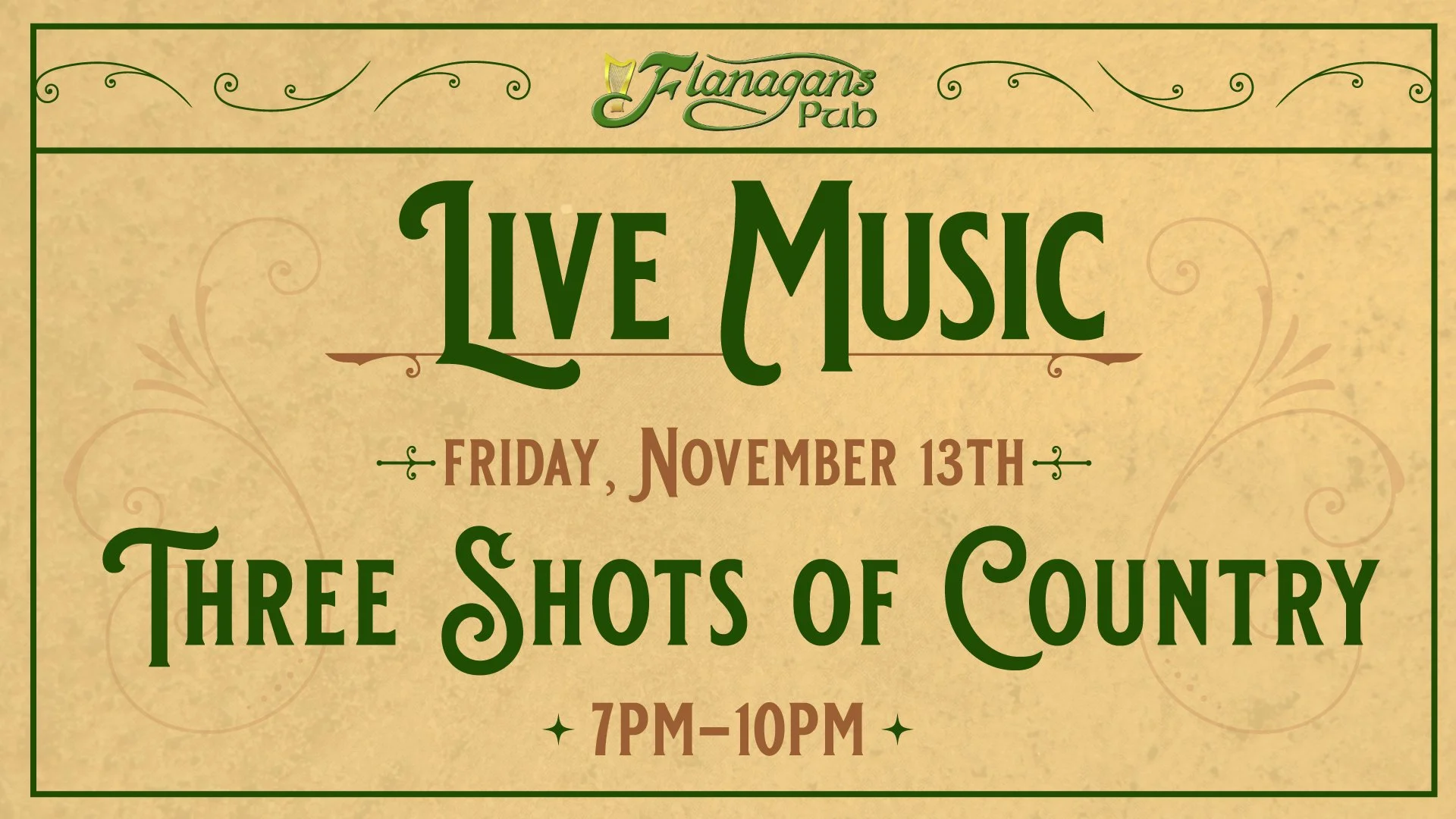 Live country music hits Lake Ronkonkoma this Friday! Catch Three Shots of Country live at Flanagan’s from 7:00 PM to 10:00 PM. No cover charge—come early for dinner, order your favorite drinks, and enjoy the tunes.