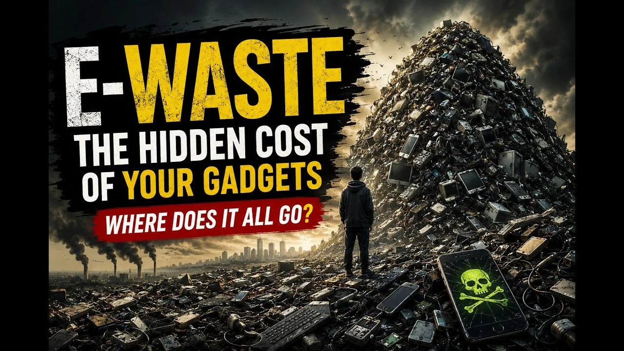 An illustration of a person standing next to a pile of e-waste, with a phone screen with a skull on it in the foreground