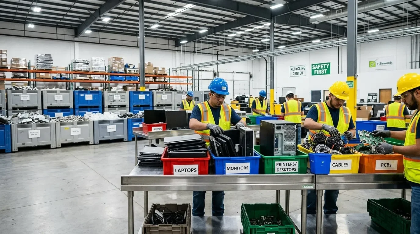 Recycling facility with workers sorting electronics