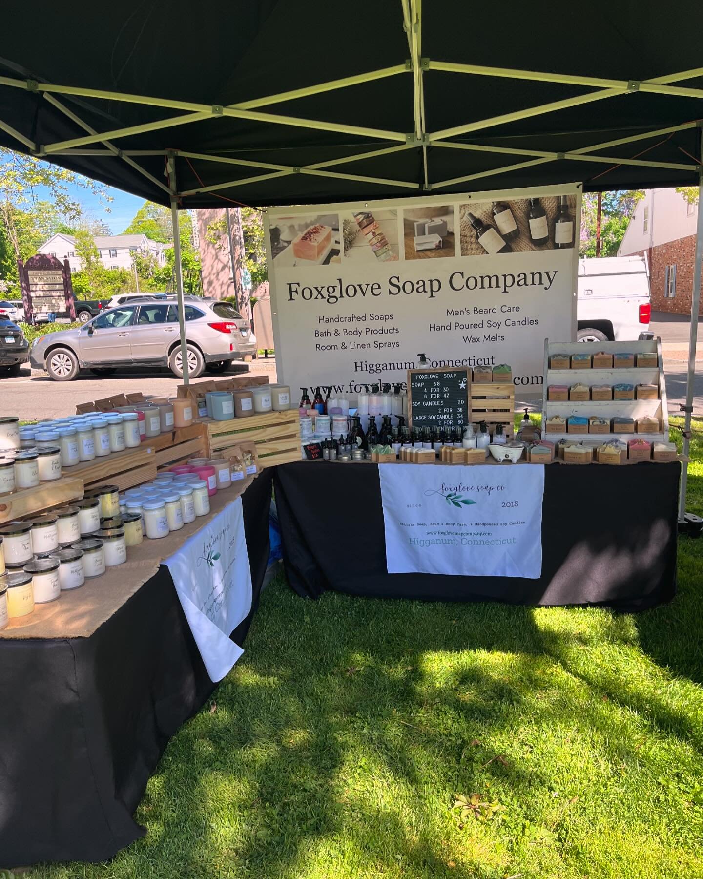 All set up at the Milford Green today and tomorrow 10-4. Lots of your favorites and don&rsquo;t forget Mom!
#smallbusiness #soapmaking #candlemaking #localbusiness #foxglovesoapcompany