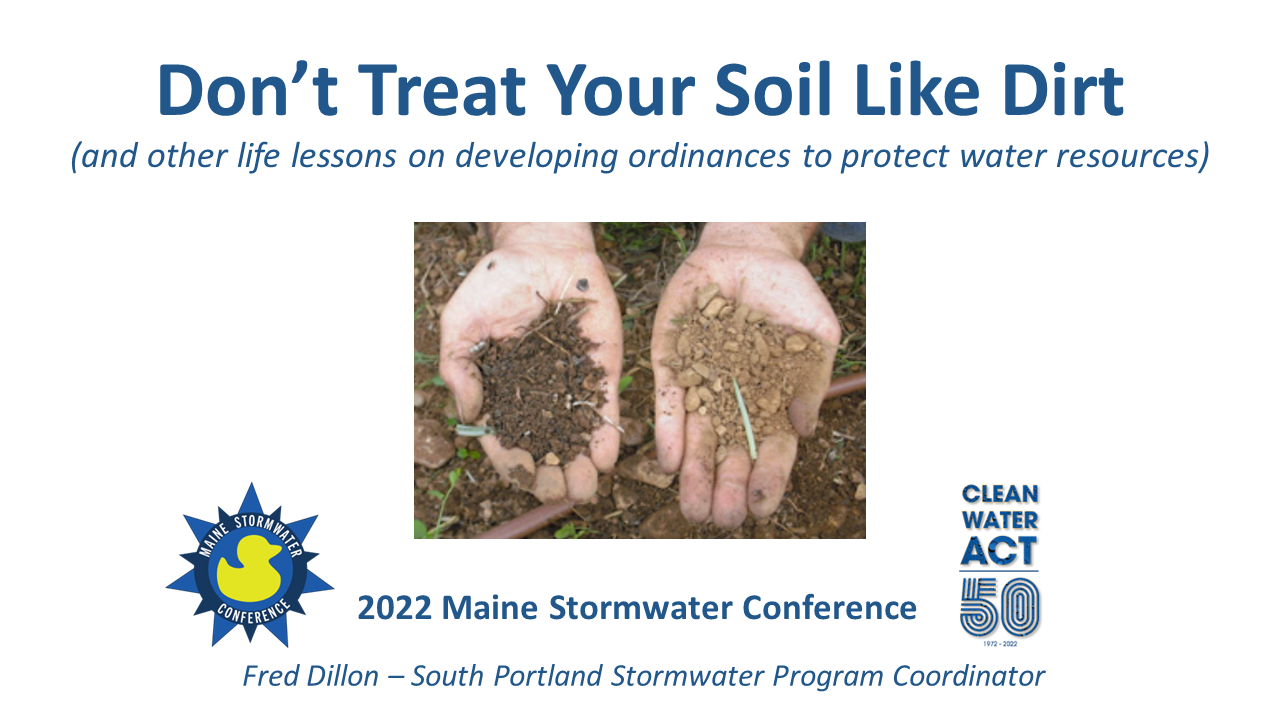 Hands holding soil with soil on the left and dirt on the right, at a water conservation conference.