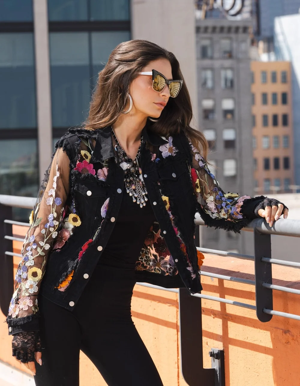 Ozz On シースルージャケット 花柄刺繍 黒 BLACK DENIM & LACE JACKET W/FLORAL EMBROIDERY — Silly Shopper
