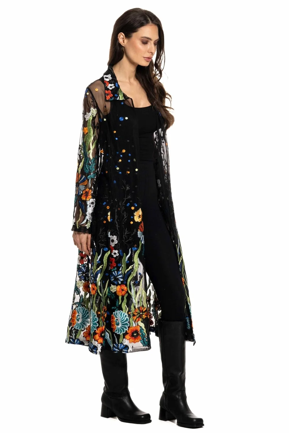 LONG BLACK EMBROIDERED SHEER DUSTER  Silly Shopper