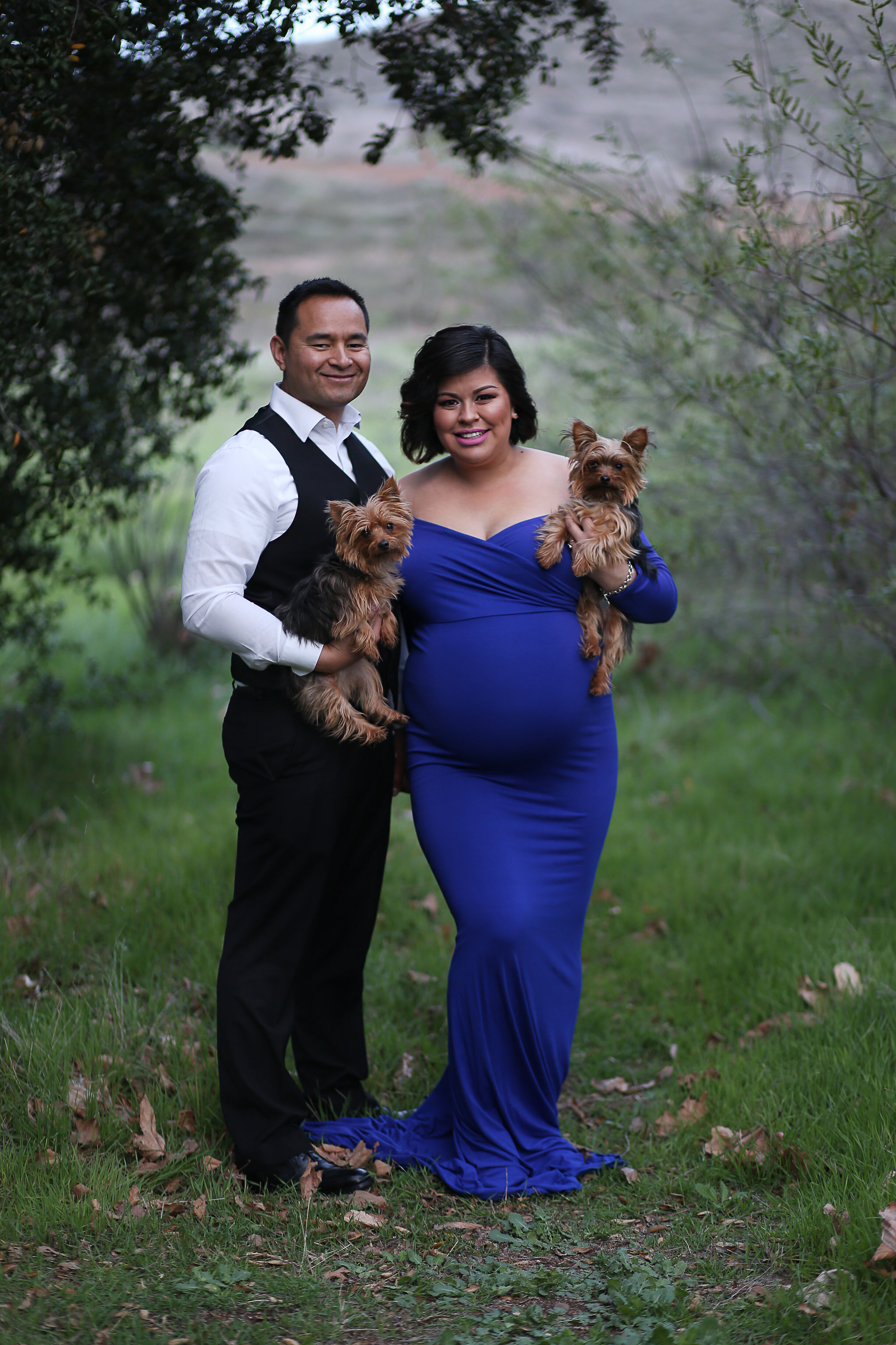 a mother-to-be wearing a beautiful blue dress stands beside her partner holding her two fur babies in a maternity shoot in San Diego, CA